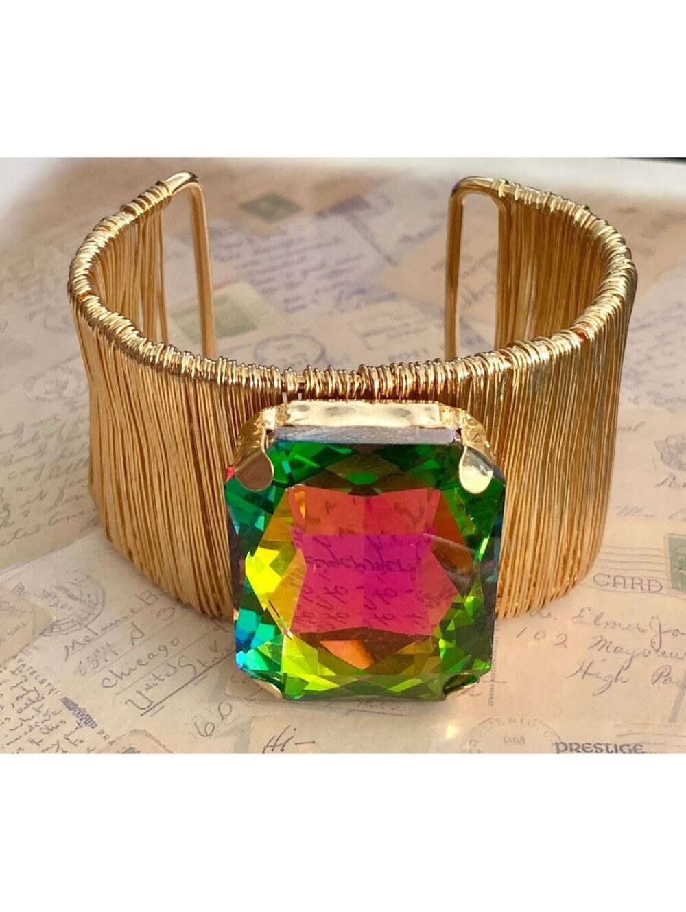 Vintage Maximalist Prong-Set Rainbow Glass Wire Cuff Bracelet